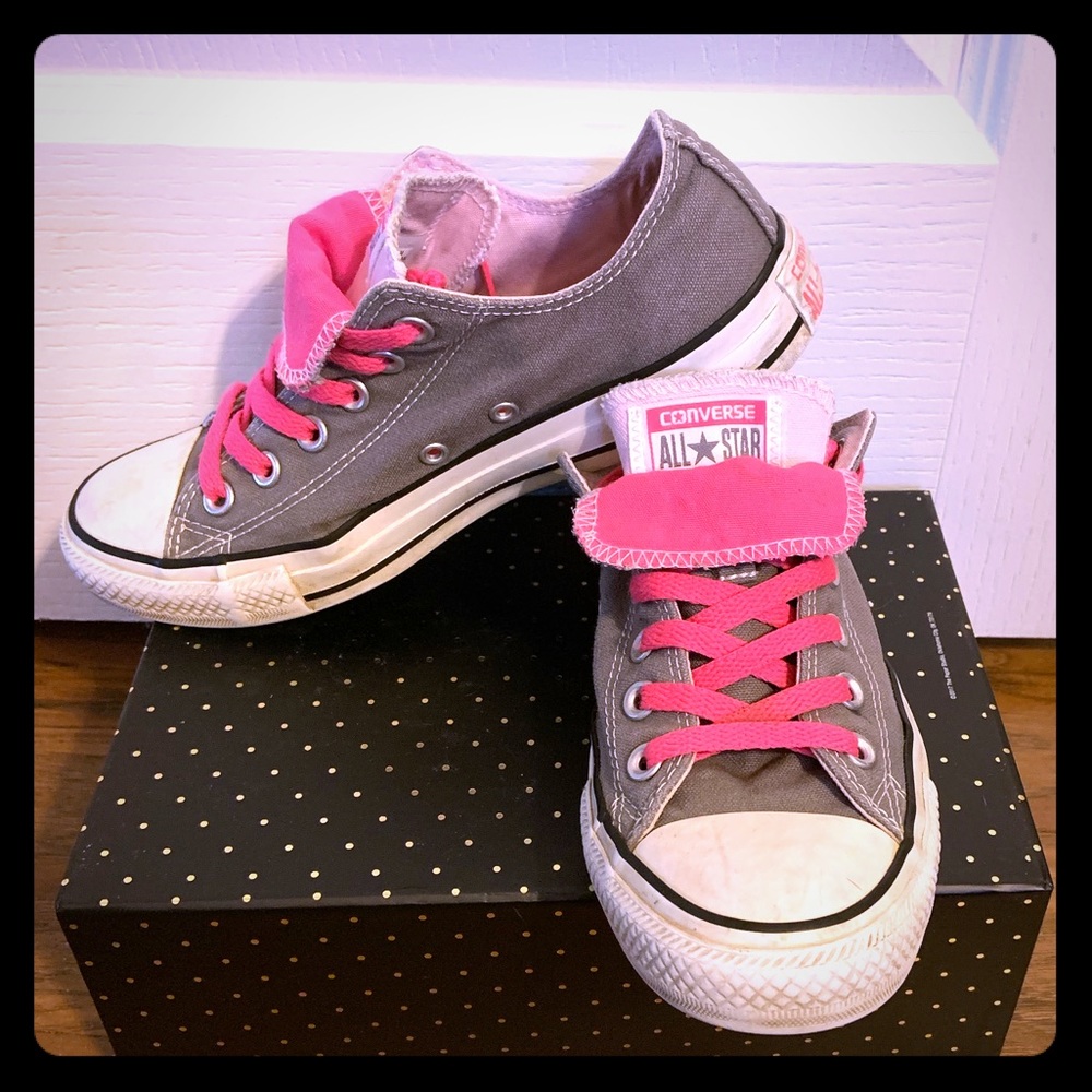 Pink and grey double tongue Converse All Stars